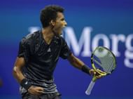 Felix Auger-Aliassime reacts during his fourth-round match at the 2021 US Open