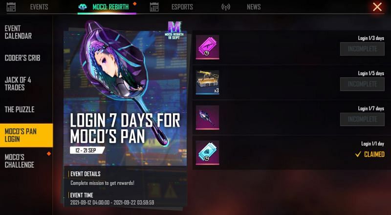 Pan - Moco Month is a free reward available for logging in 7 days (Image via Free Fire)