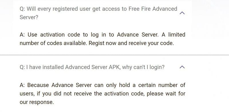 A snippet from the FAQ of the Free Fire Advance Server (Image via Free Fire)