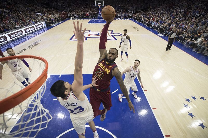 LeBron James goes up for a dunk against the Ersan Ilyasova of the Philadelphia 76ers.