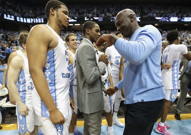 Michael Jordan congratulates Kennedy Meeks #3 of the North Carolina Tar Heels after defeating the Duke Blue Devils 90-83 during their game at the Dean Smith Center on March 4, 2017 in Chapel Hill, North Carolina.