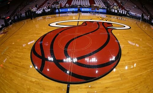 A view of the Miami Heat logo on the court.