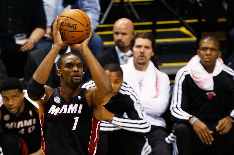 Chris Bosh loads up to take a jump shot