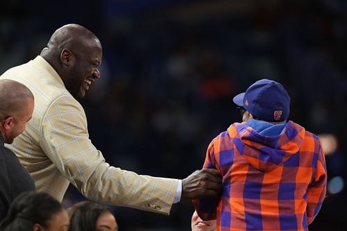 Former NBA player Shaquille O'Neal jokes around with Spike Lee during the 2017 BBVA Compass Rising Stars Challenge at Smoothie King Center on February 17, 2017 in New Orleans, Louisiana.