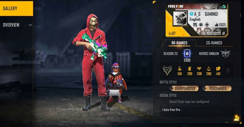 This is the AS Gaming&#039;s Free Fire ID (Image via Free Fire)