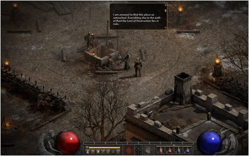 The red and blue balls on two sides denote the health and mana pool of players (Image via Diablo II: Resurrected)