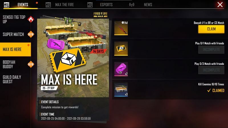 Max is Here event will end on 28 September (Image via Free Fire)