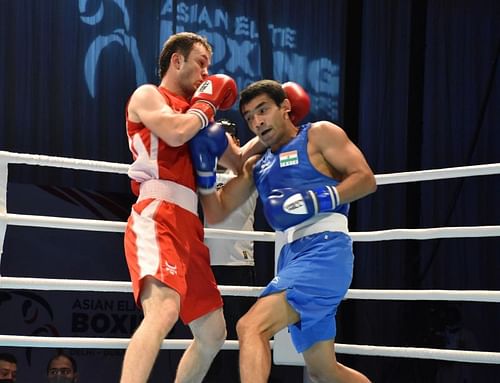 A file photo of boxer Shiva Thapa (right) in action.