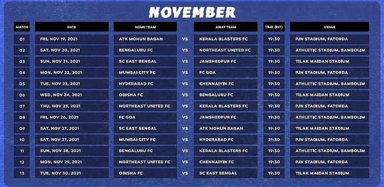 ISL Fixtures in November