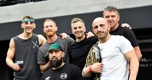 Dan Hooker (far left); Alexander Volkanovski (far right) at the Allegiant Stadium