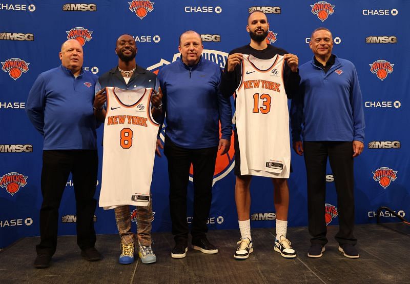 President Leon Rose, Kemba Walker #8, head coach Tom Thibodeau, Evan Fournier #13, and general manager Scott Perry of the New York Knicks.