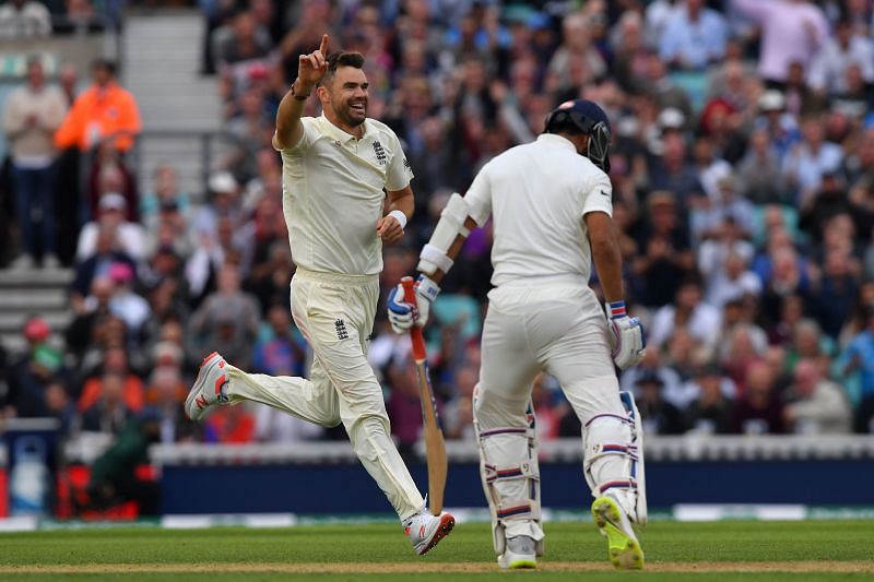James Anderson dismisses Ajinkya Rahane during the 2018 England tour.