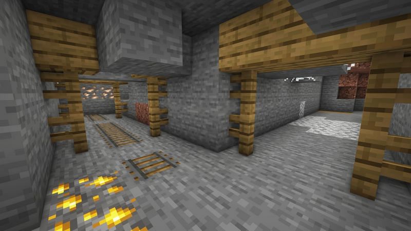 A mineshaft with gold ores (Image via Minecraft)