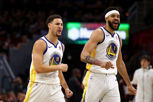 Klay Thompson and JaVale McGee of the Golden State Warriors in the 2018 NBA Finals.