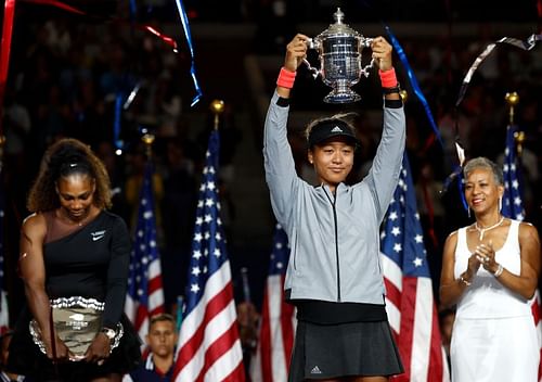 Serena Williams, Naomi Osaka and Katrina Adams (L to R)