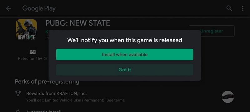 Press &quot;Got it&quot; to complete the registrations for PUBG New State (Image via Play Store)
