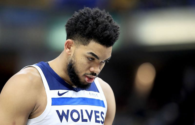 Karl-Anthony Towns #32 of the Minnesota Timberwolves walks off of the court after the 122-115 loss to the Indiana Pacers at Bankers Life Fieldhouse on February 28, 2019 in Indianapolis, Indiana.