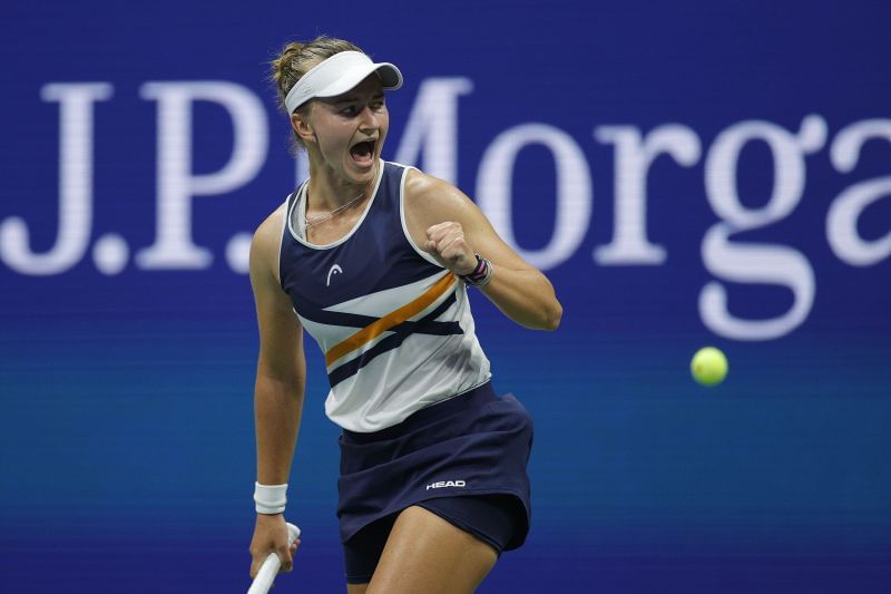 Barbora Krejcikova celebrates a point at the 2021 US Open