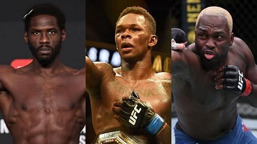 Jared Cannonier (left), Israel Adesanya (center), and Derek Brunson (right)