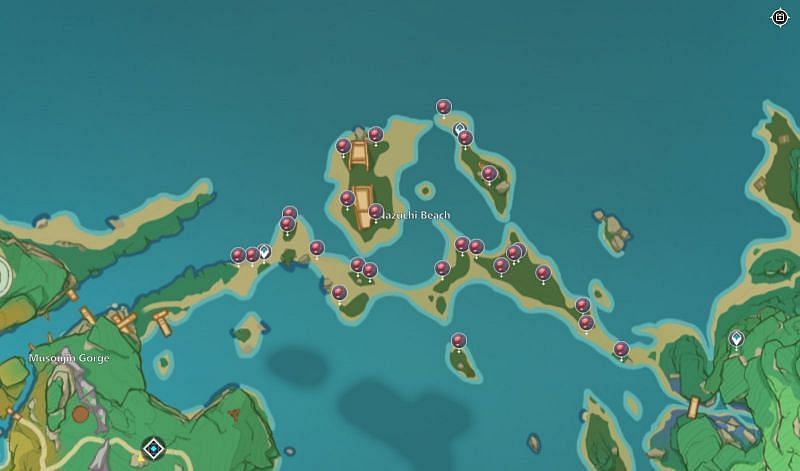 Dendrobium locations on Nazuchi beach (Image via Genshin Impact Interactive Map)