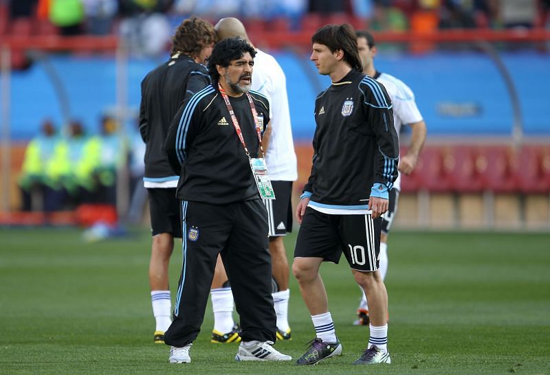 Diego Maradona (left) managed Lionel Messi at the 2010 FIFA World Cup.
