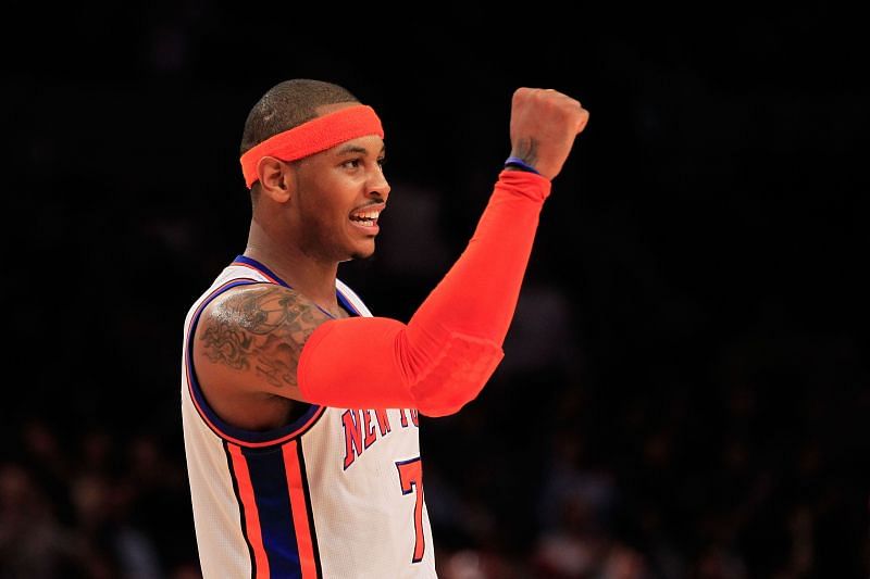 Carmelo Anthony celebrates a point for the New York Knicks.