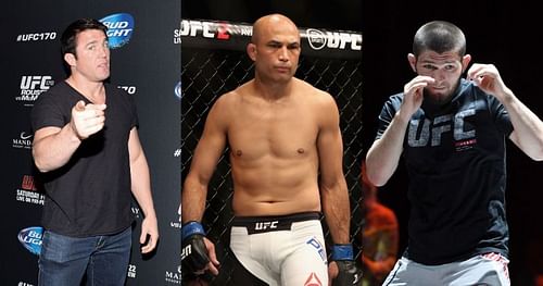 Chael Sonnen (left) feels a showdown between fellow former lightweight champions B.J. Penn (center) and Khabib Nurmagomedov (right) would be amazing