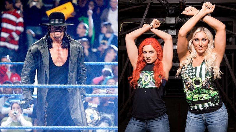 The Undertaker (left); Becky Lynch and Charlotte Flair (right)