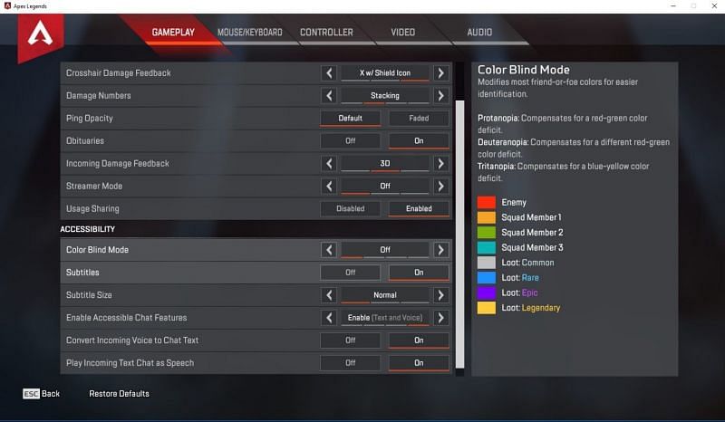 Gameplay settings in Apex Legends (Image via Respawn Entertainment)