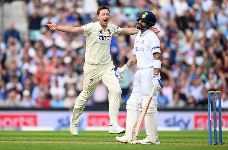 Ollie Robinson celebrates after dismissing Virat Kohli during day one of The Oval Test. Pic: Getty Images