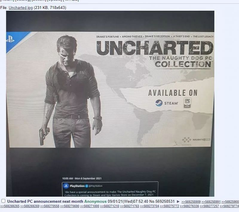 Uncharted: The Naughty Dog PC Collection leak on 4chan via an anonymous user (Screengrab from 4chan)