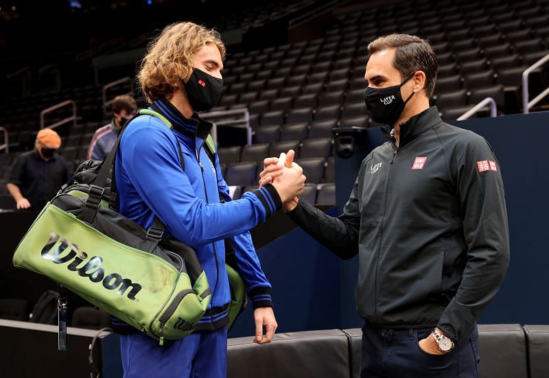 Stefanos Tsitsipas greets Roger Federer at the Laver Cup 2021