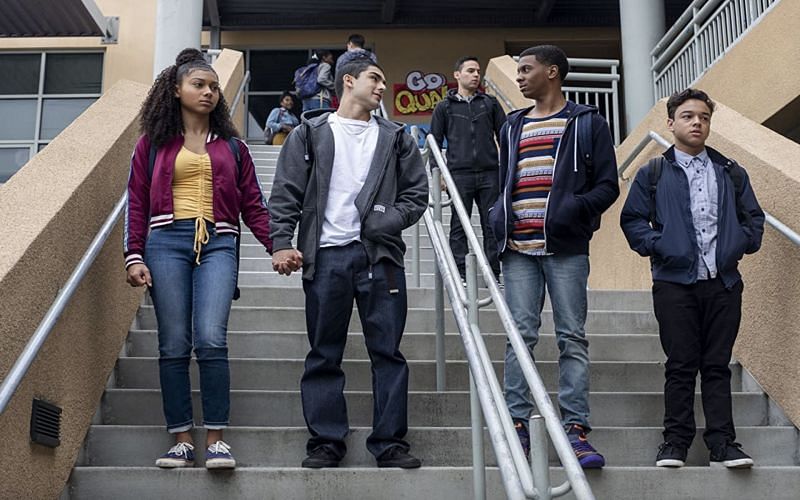 Still from Netflix&#039;s series On My Block starring Brett Gray, Diego Tinoco, Jason Genao, and Sierra Capri (Image via IMDb)