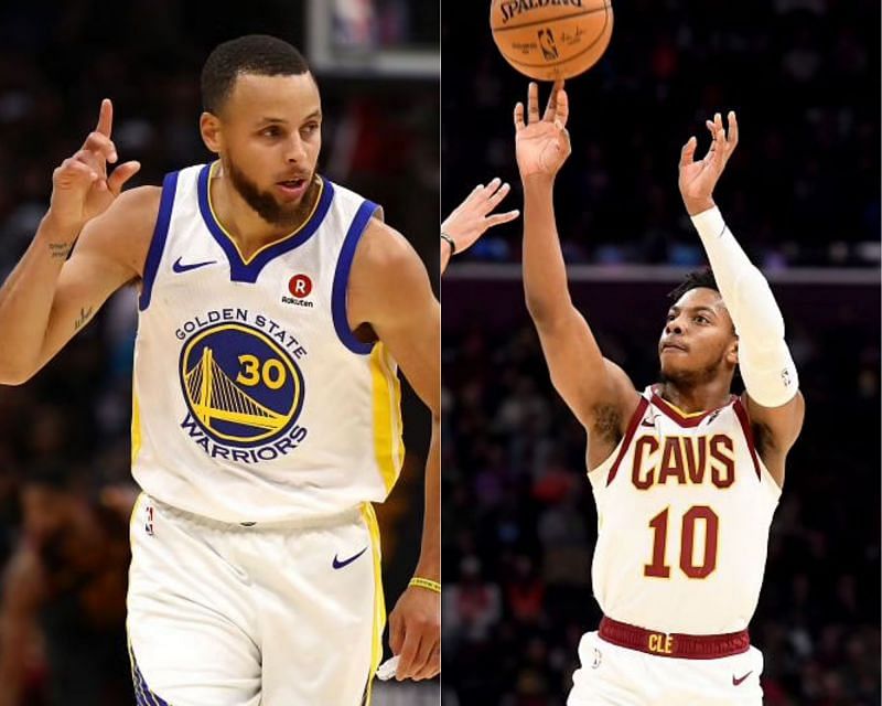 Stephen Curry of the Golden State Warriors and Darius Garland of the Cleveland Cavaliers