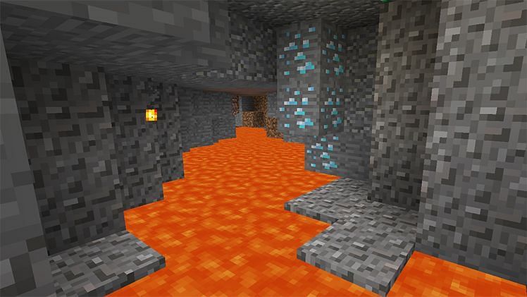Diamonds hanging above lava (Image via Minecraft)