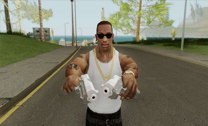 CJ is packing a lot of heat in GTA San Andreas (Image via GTAall.com, using assets from Rockstar Games)