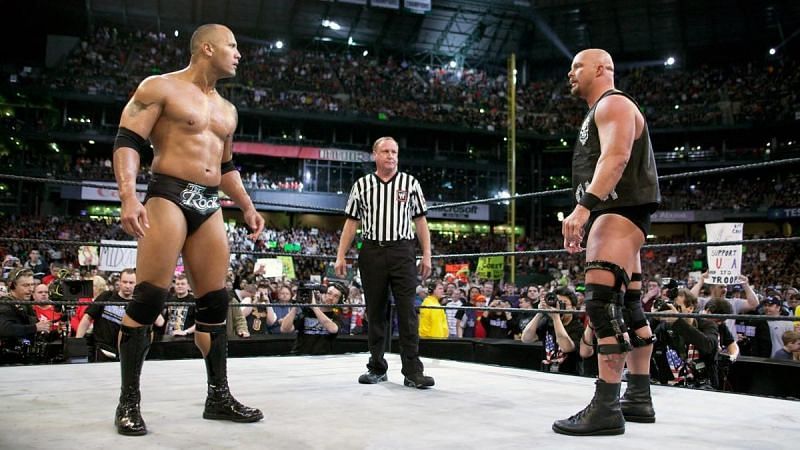 The Rock and Stone Cold Steve Austin facing each other at WrestleMania 19