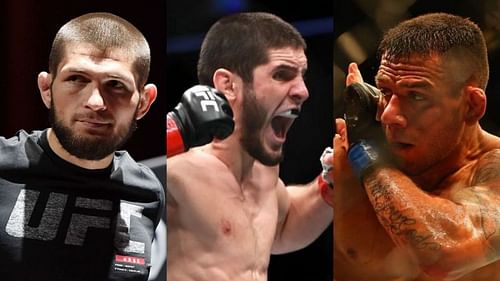 Khabib Nurmagomedov (left), Islam Makhachev (center), Rafael dos Anjos (right)