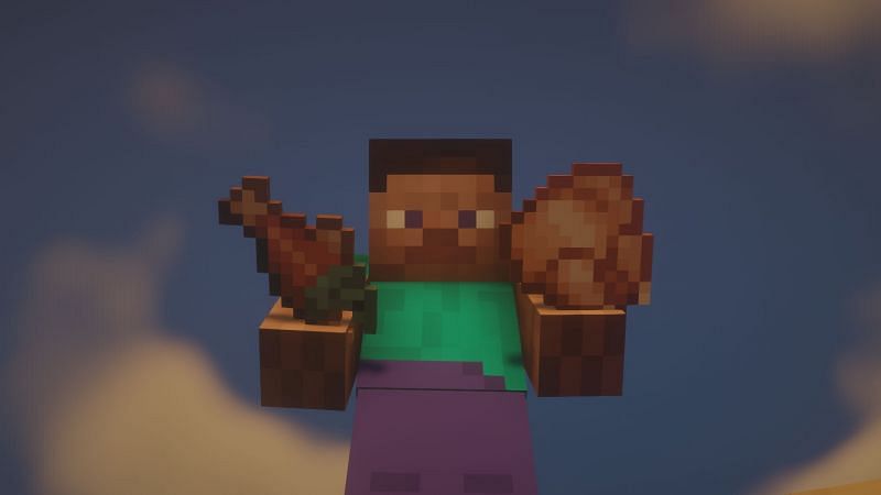 Steve holding a cooked chicken and salmon in his hands (Image via Minecraft)