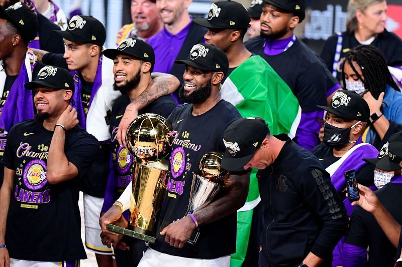 LeBron James and the Los Angeles Lakers celebrating their 2020 NBA championship.