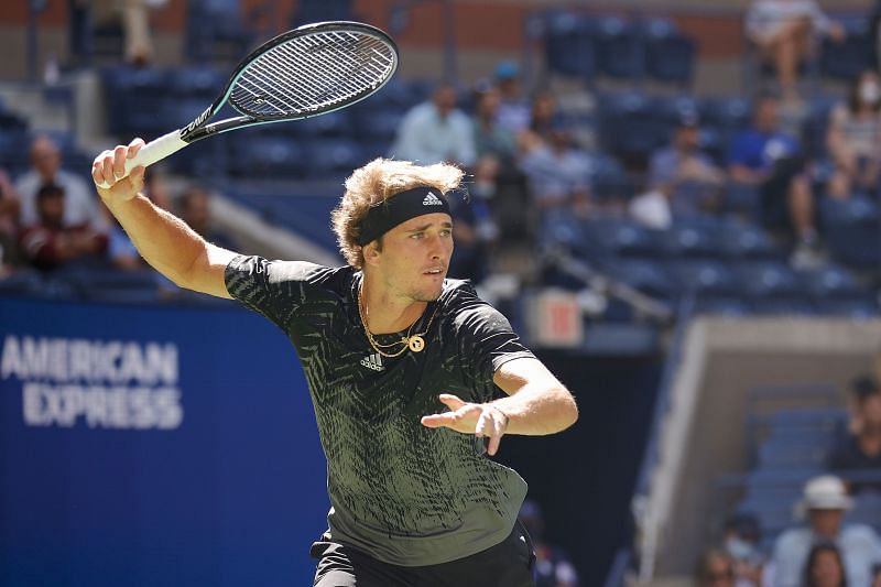 Alexander Zverev attempts to hit a forehand during his second-round match at the 2021 US Open