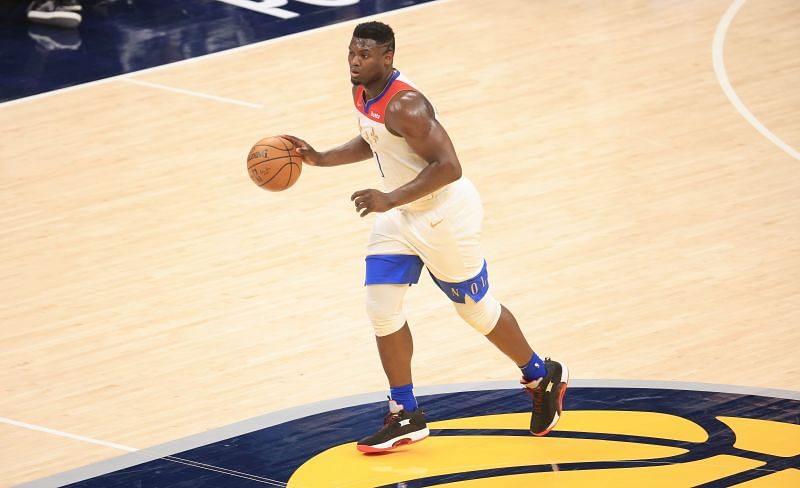Zion Williamson #1 of the New Orleans Pelicans dribbles the ball against the Indiana Pacers at Bankers Life Fieldhouse on February 05, 2021 in Indianapolis, Indiana.