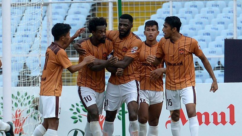 Gokulam Kerala players celebrate after scoring a goal