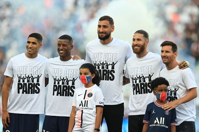 [From left] Hakimi, Wijnaldum, Donnarumma, Ramos and Messi being presented to PSG fans