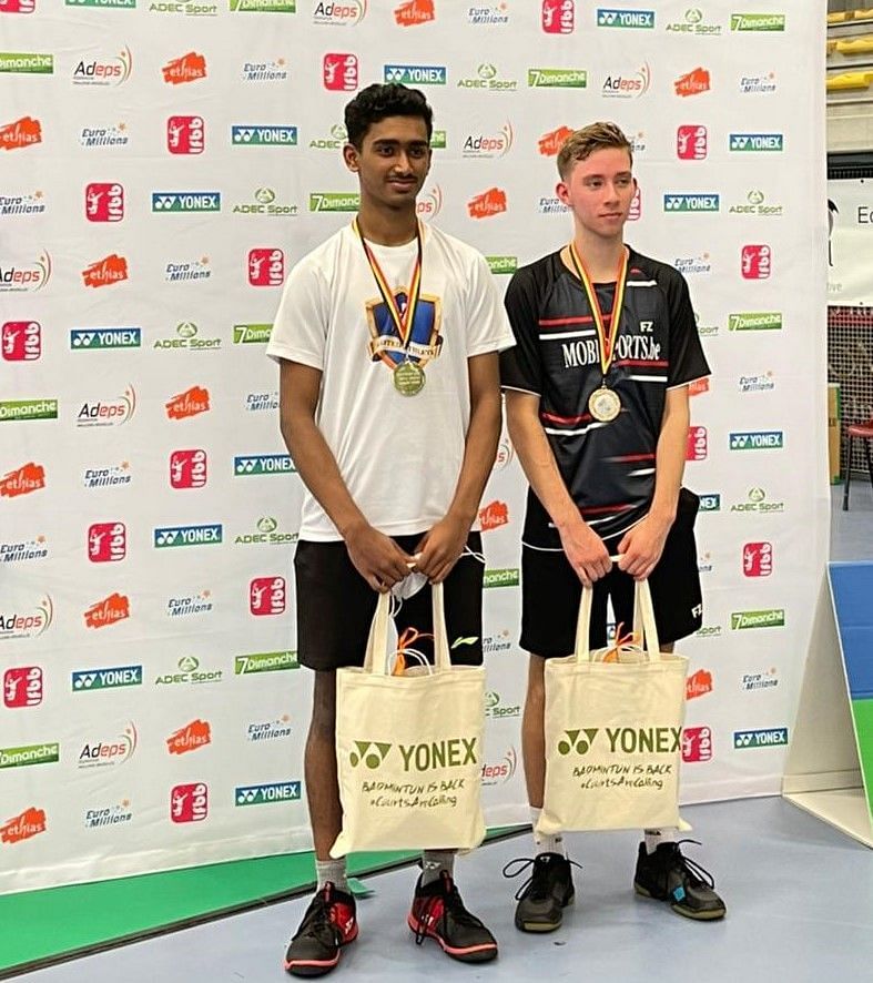 Naren Shankar Iyer (L) and Yaro Van Delsen of Belgium after the prize distribution function