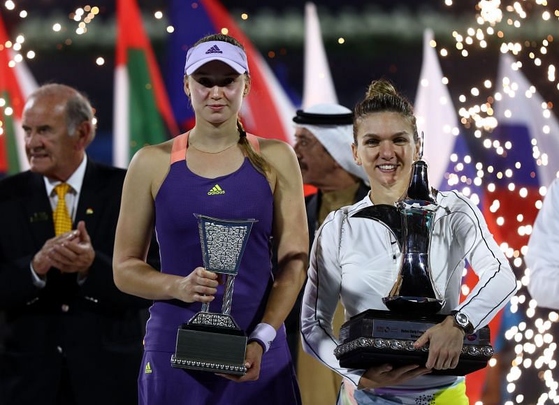 Elena Rybakina and Simona Halep at the 2020 Dubai Duty Free Tennis Championships