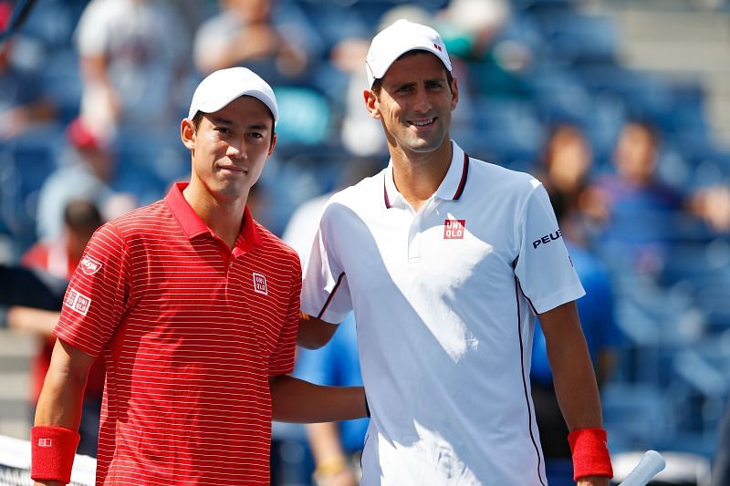 Kei Nishikori and Novak Djokovic ahead of their 2014 US Open semifinal