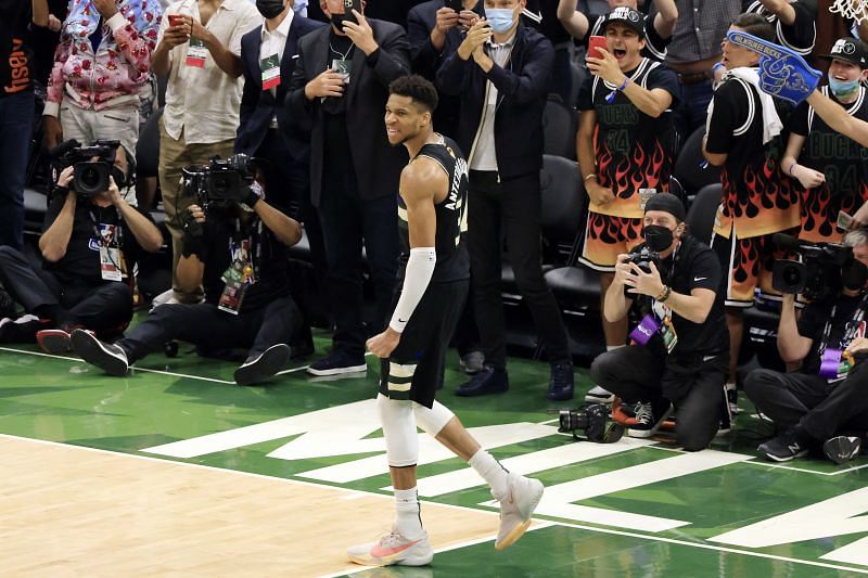 Giannis Antetokounmpo in the last seconds of Game Six of the NBA Finals
