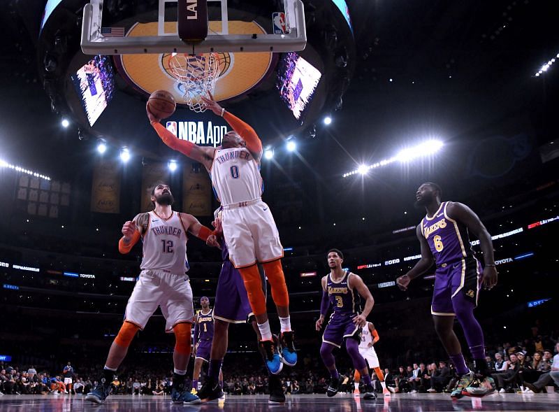 Russell Westbrook #0 of the Oklahoma City Thunder scores on a layup against the LA Lakers