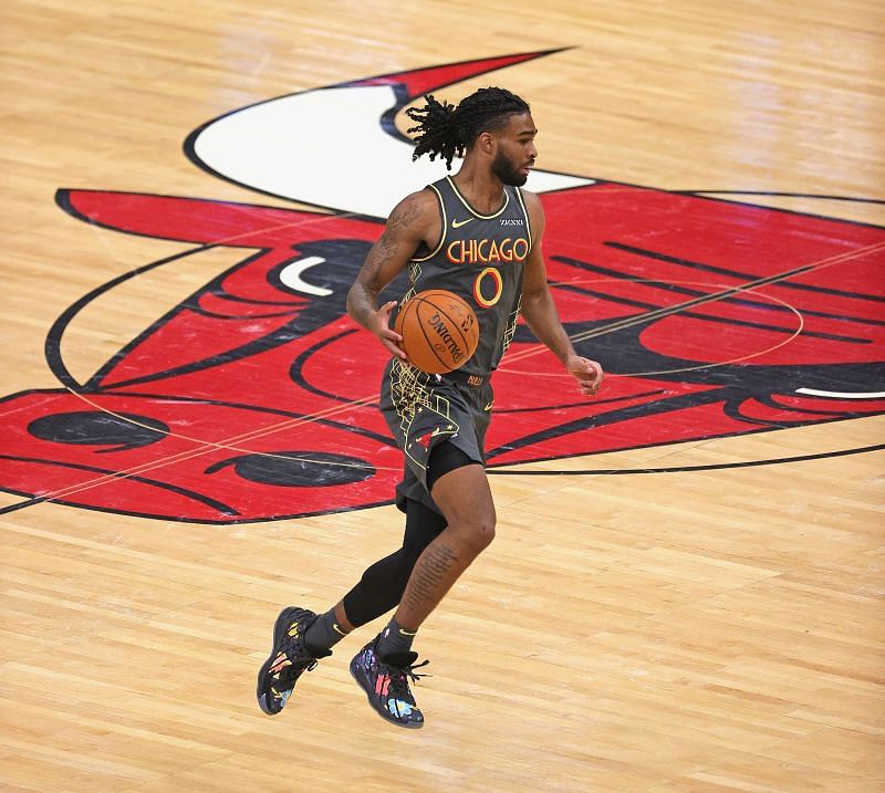 Coby White #0 of the Chicago Bulls brings the ball up the court against the Golden State Warriors at the United Center on December 27, 2020 in Chicago, Illinois. The Warriors defeated the Bulls 129-128.